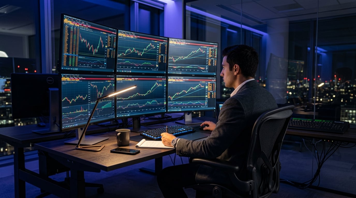 Trader at desk analyzing charts