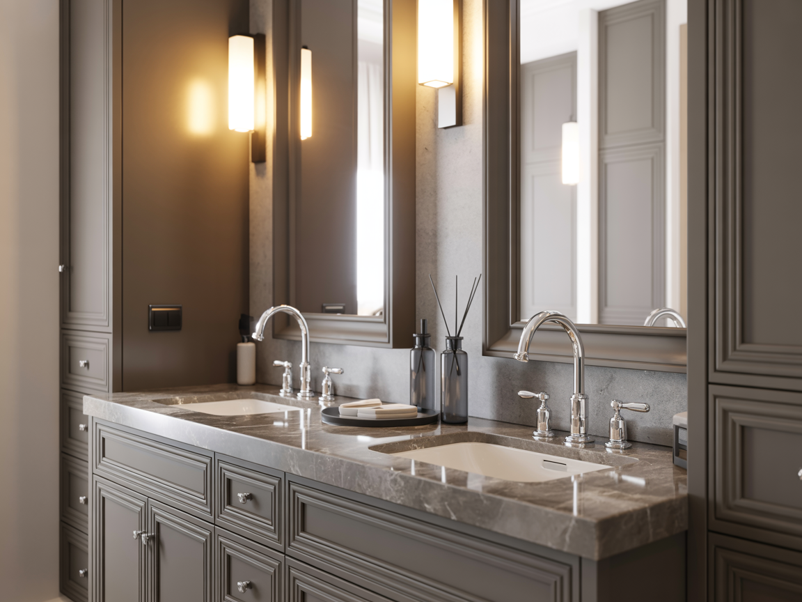 Double vanity with imported fixtures and noble metals