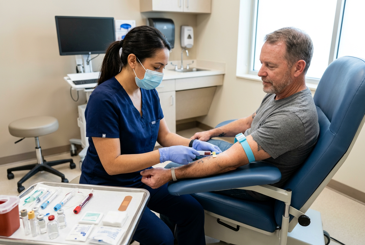 Female nurse drawing blood from the arm of a middle-aged male veteran for an A1c blood test in a clinical exam room