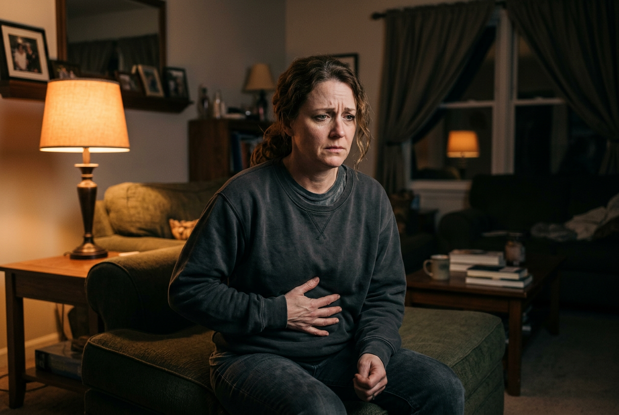 White female veteran in her 40s sitting in a dim living room looking stressed and anxious with one hand on her stomach showing the PTSD-GERD connection