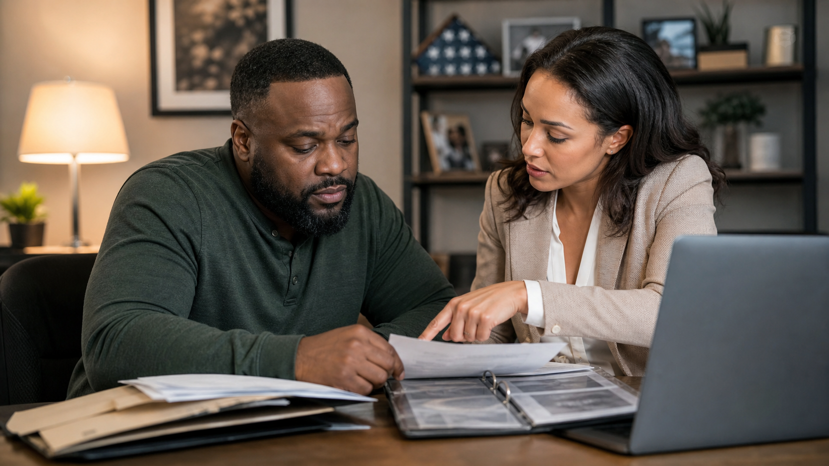 An accredited claims agent sitting with a military veteran at a desk, reviewing service records and a laptop together to build a facts-found TERA claim