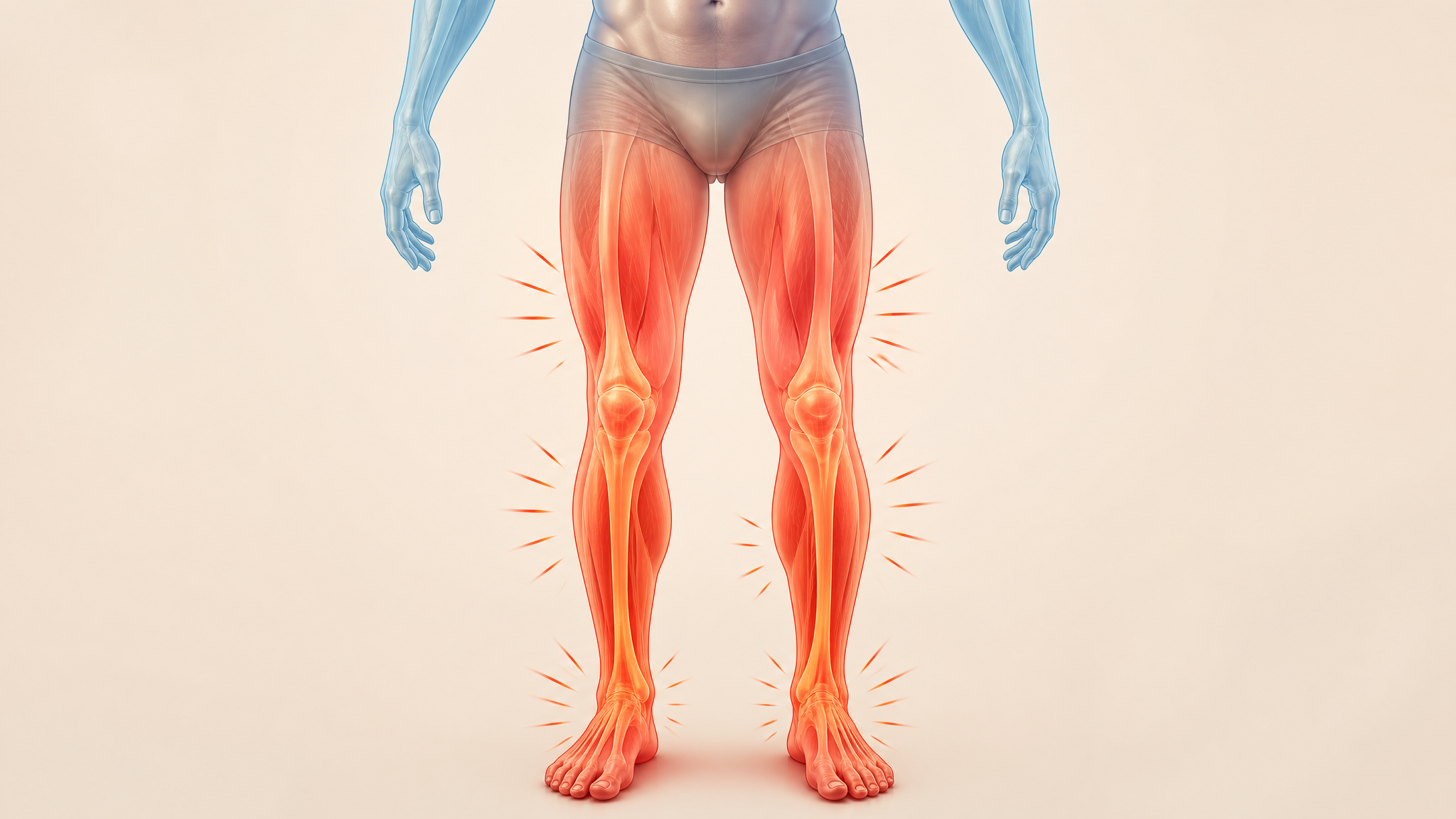 Illustration of a standing figure with legs glowing red and orange with spasticity while the arms remain calm blue and unaffected