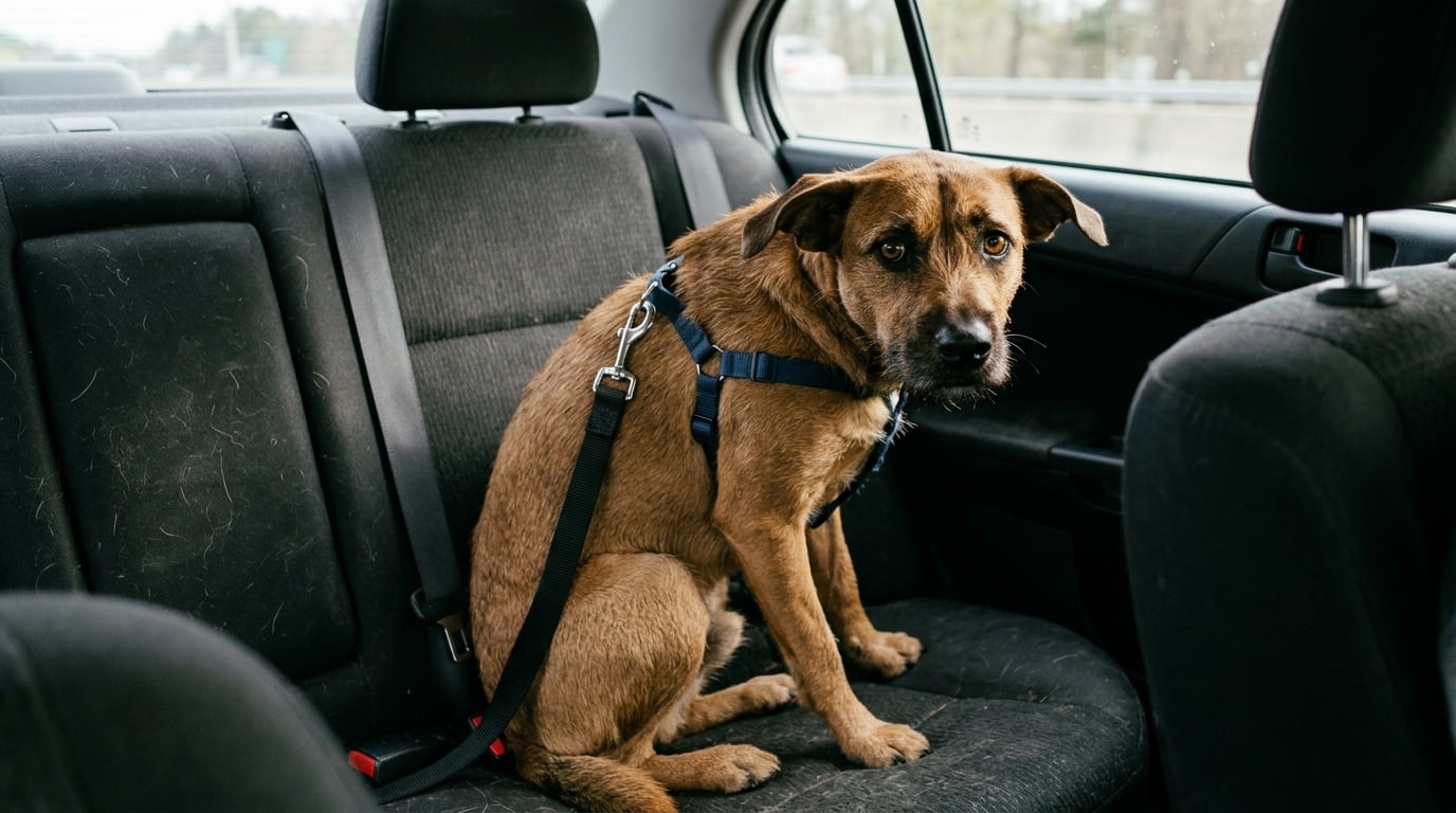 An anxious brown dog with a worried expression sitting in a car back seat