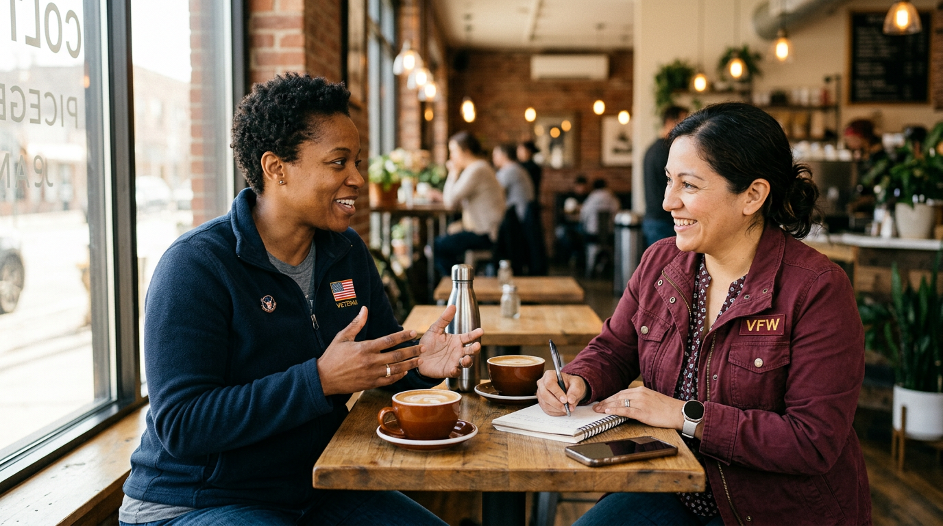Two women veterans in a mentoring conversation