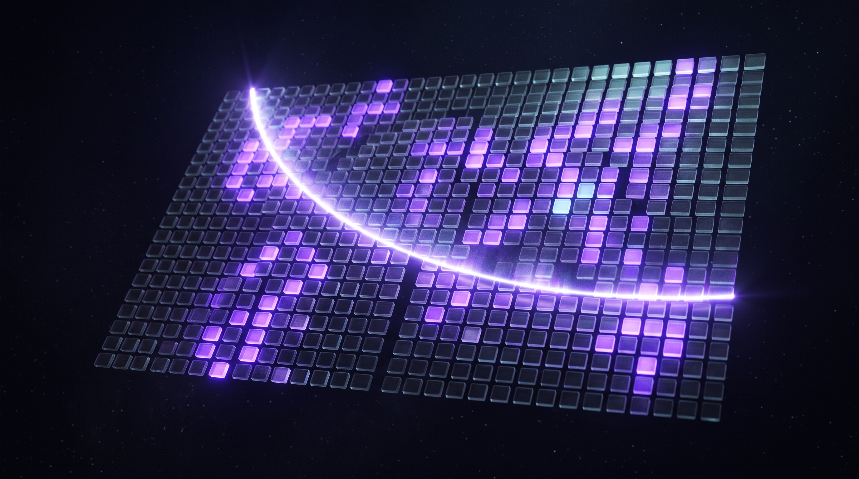 A tilted dark grid of small tiles where scattered tiles glow violet, with a bright curved line sweeping across the surface