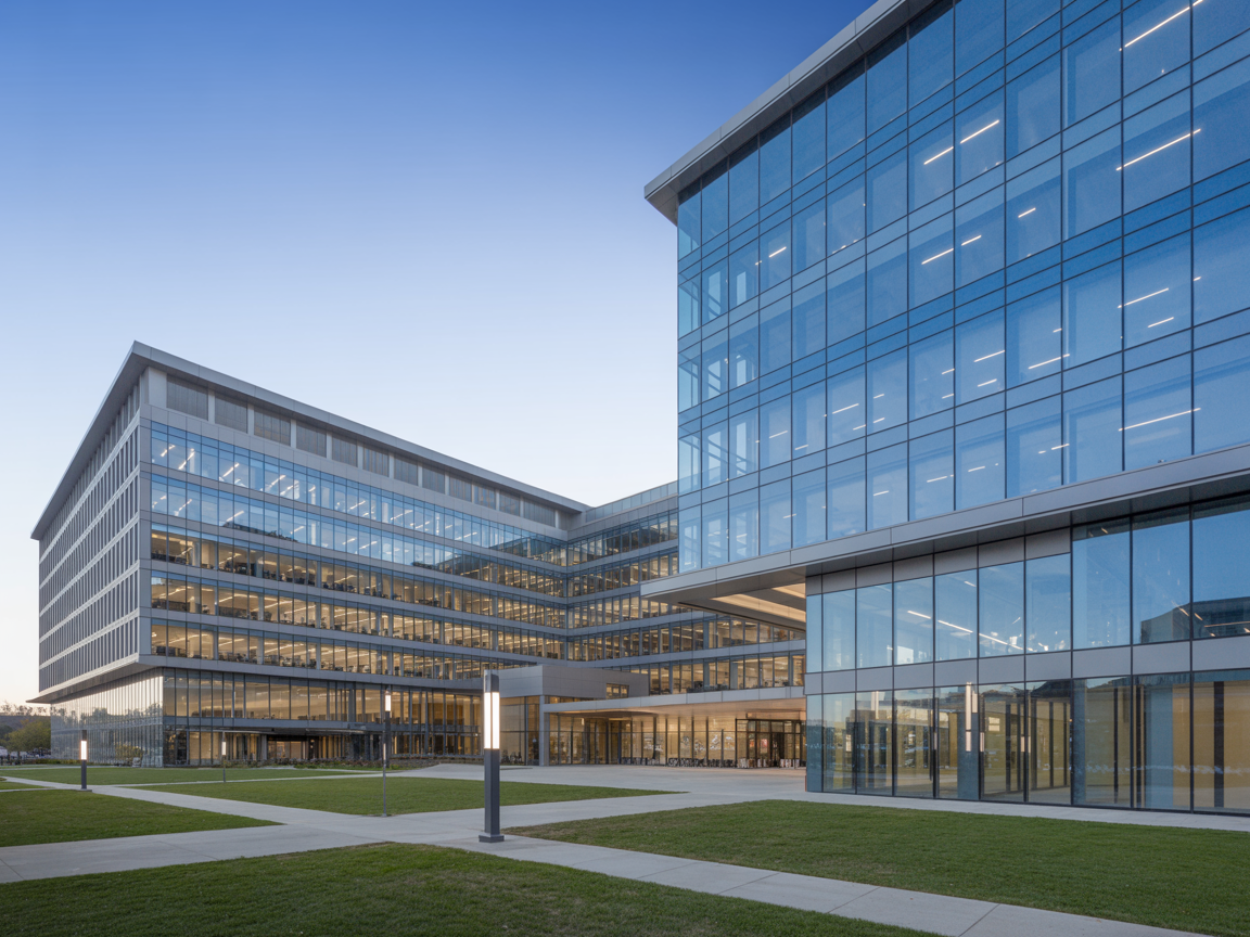 Modern Padmashree campus with contemporary architecture, well-lit building facade, professional academic environment