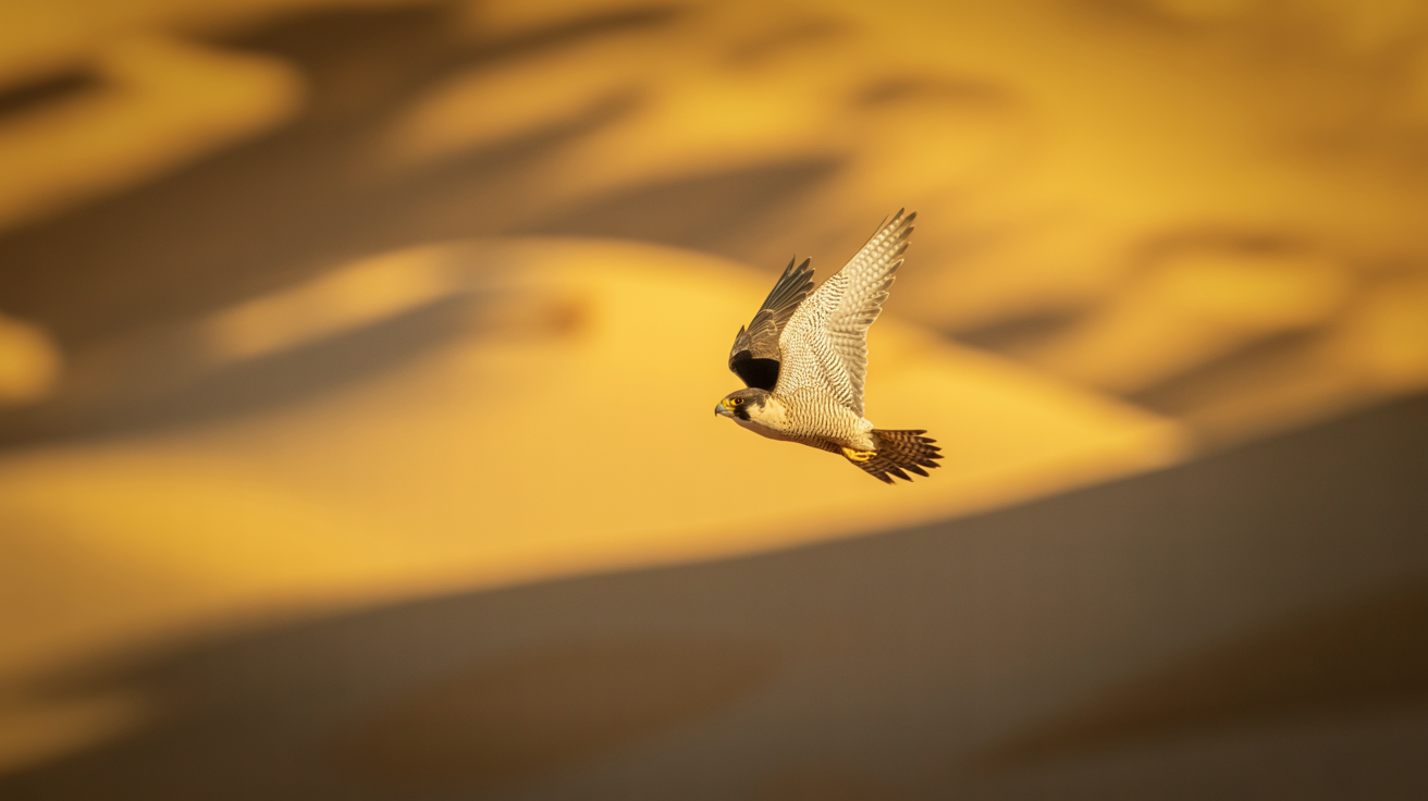 Majestic falcon soaring over golden desert