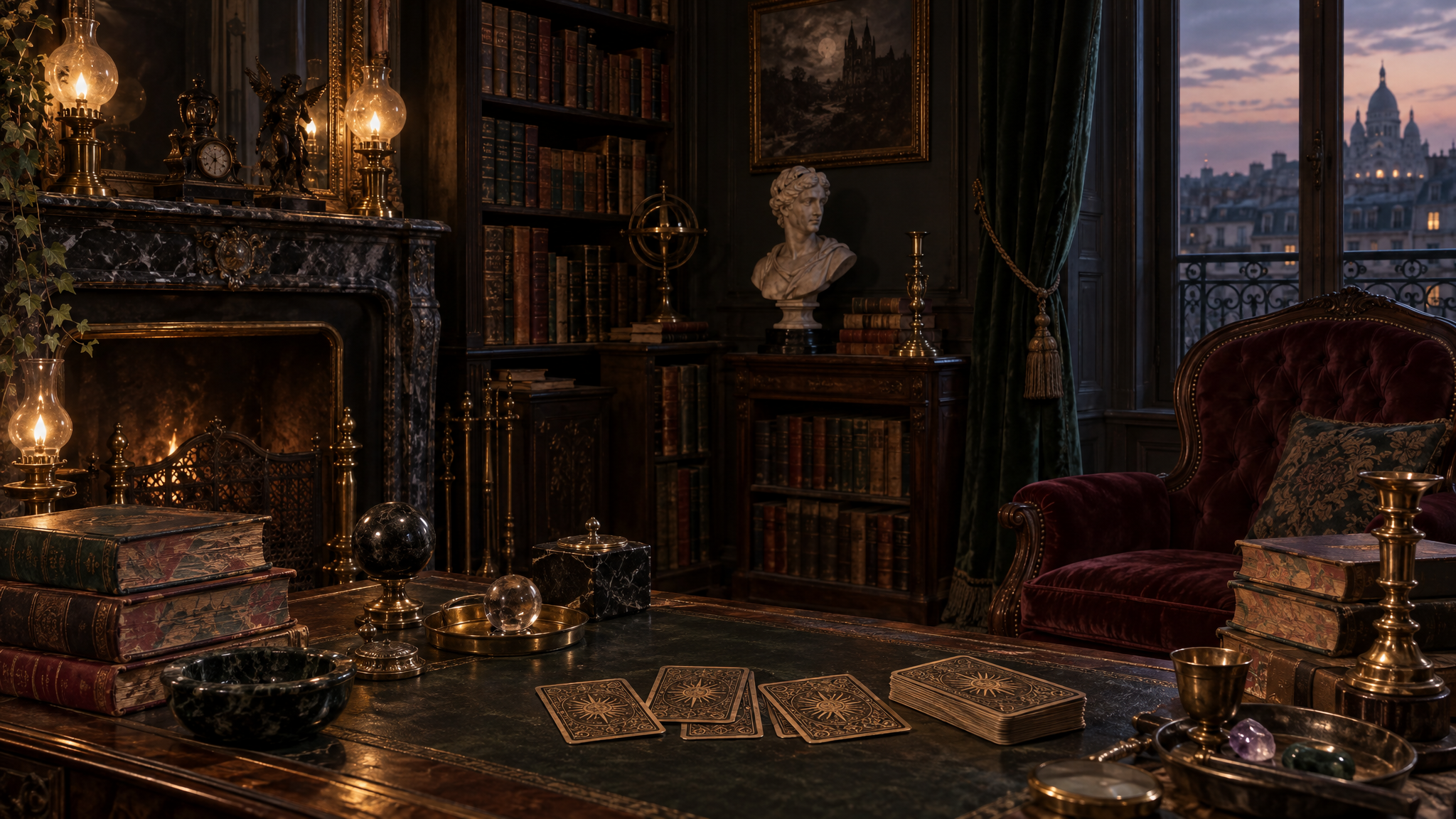 A gaslit Parisian study with stacked books and a window onto the night
