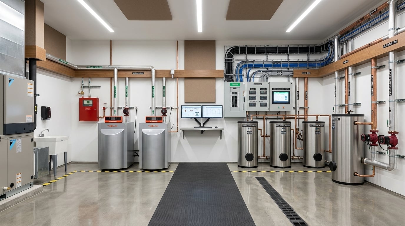 Professional estate mechanical room with documented and labeled systems