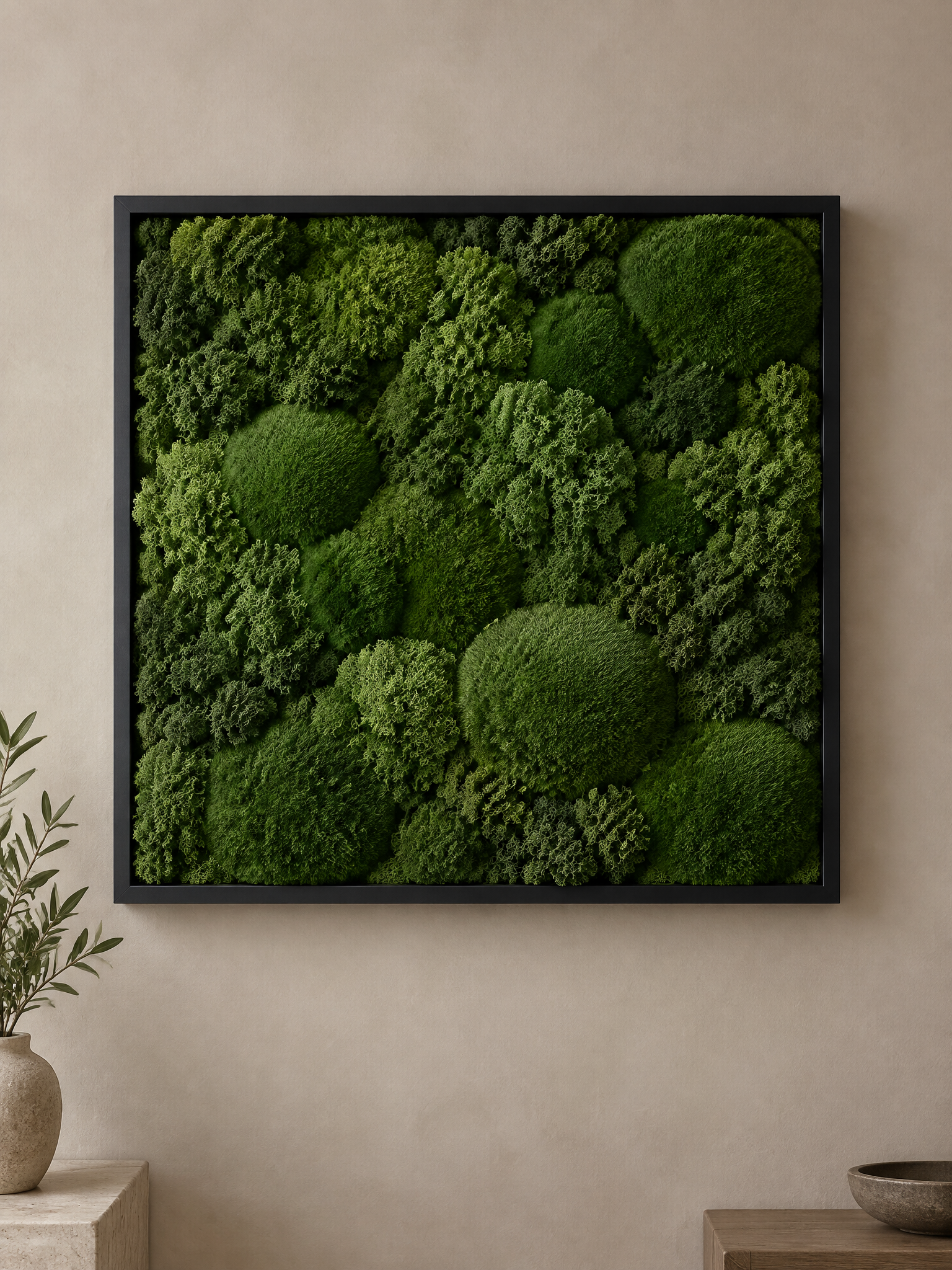 Framed preserved green cushion-moss art with its light switched off, in ambient room light