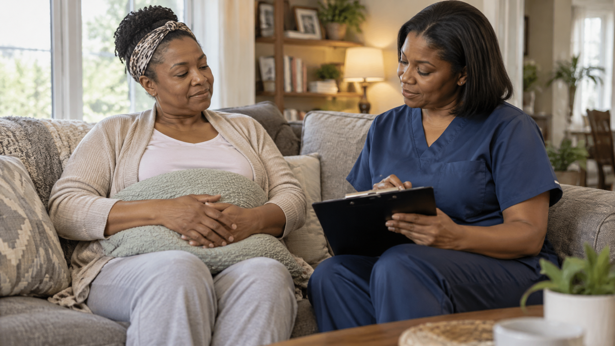 A woman veteran recovering on her sofa with a pillow against her lower abdomen while a woman home health nurse reviews notes beside her