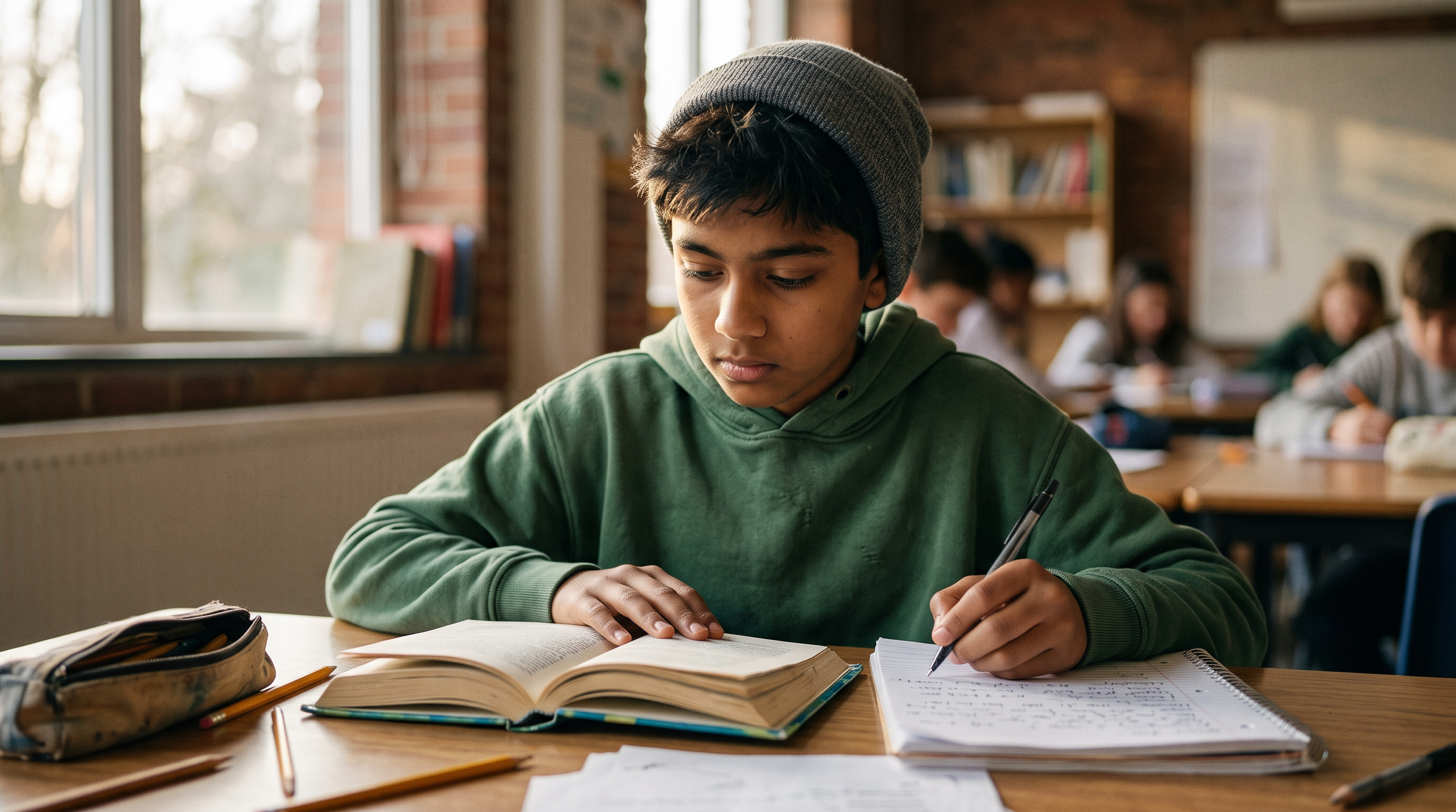 Middle school student building reading comprehension skills by reading intently and taking notes