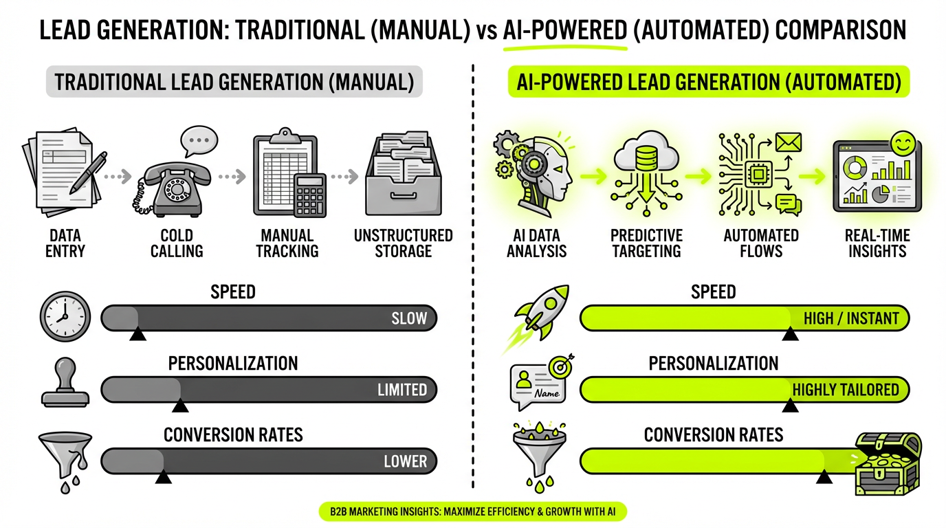 Comparison infographic showing traditional lead generation methods versus AI-powered lead generation with metrics for speed, personalization, and conversion rates