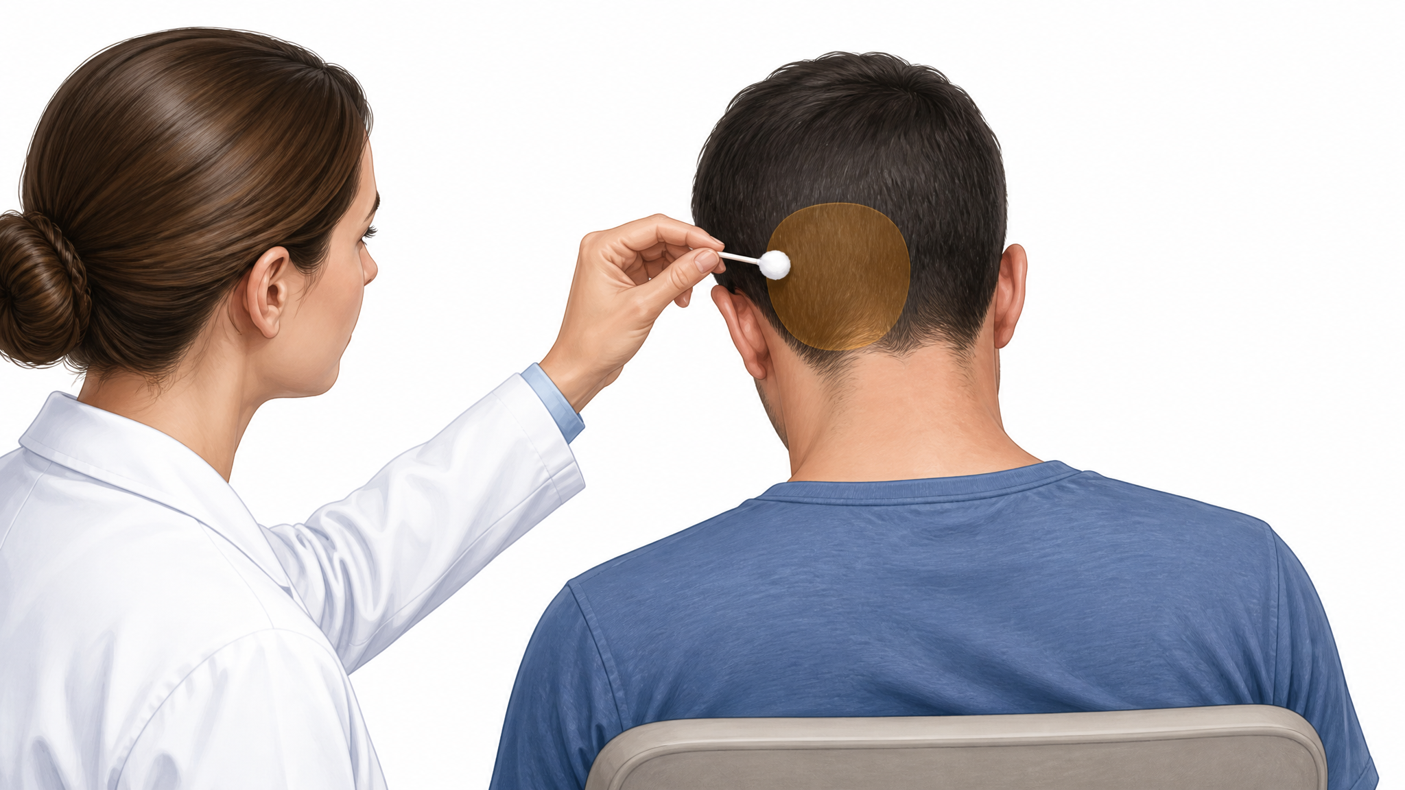 A clean medical illustration of a clinician using a cotton wisp to test sensation on the back of a seated patient's scalp with a shaded tested area