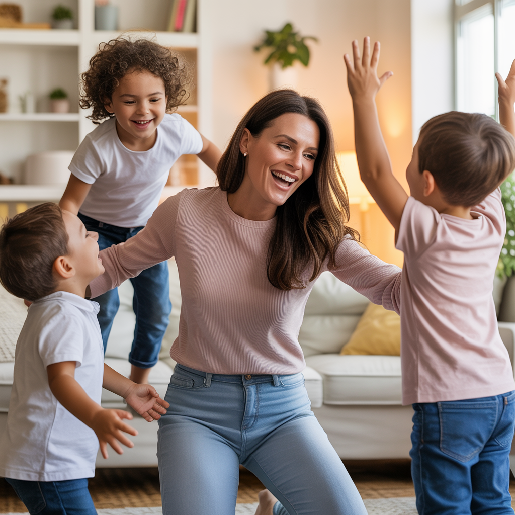 Mãe energizada brincando com filhos - transformação com UltraFoco