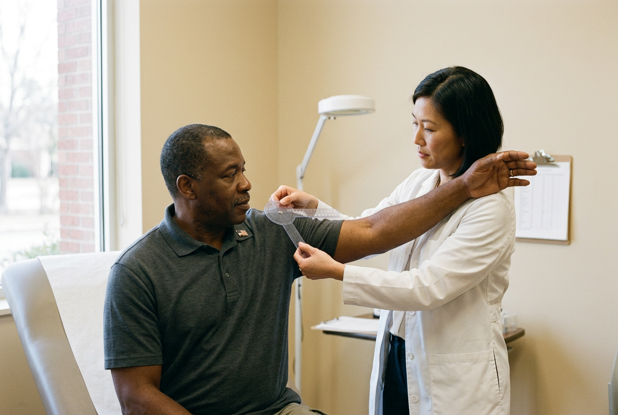 A female clinician using a goniometer to measure the forward elevation of a male veteran's shoulder in a clinical examination room