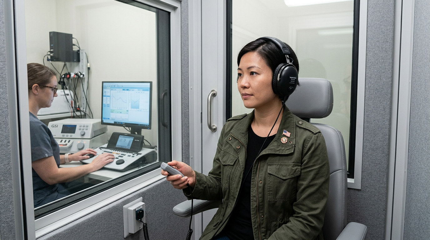 A woman veteran having her hearing tested by an audiologist