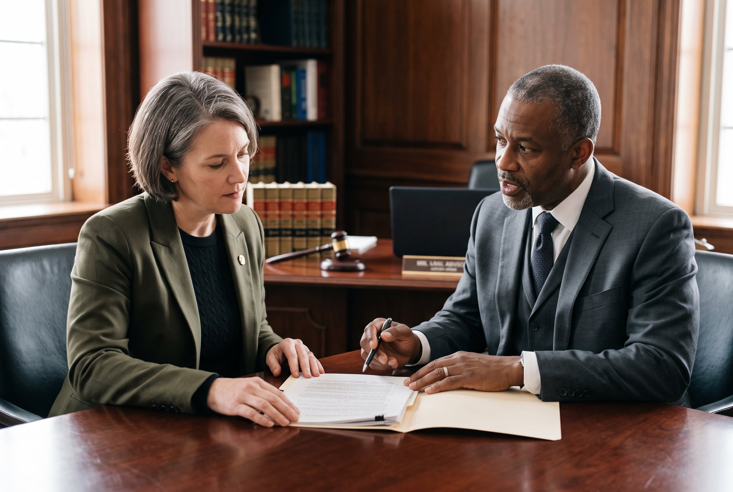 A veteran reviewing a case file with a professional advocate in a formal law office