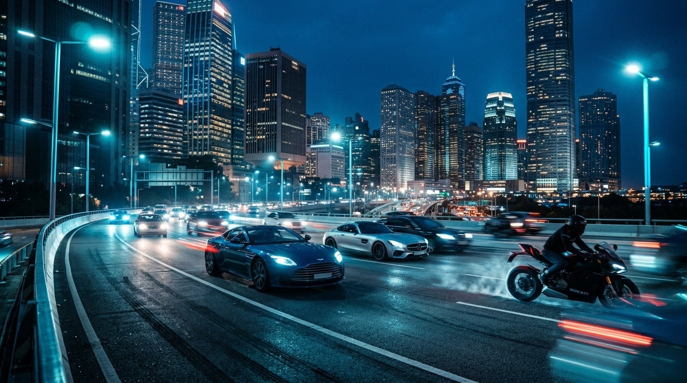 Modern city road with vehicles at dusk