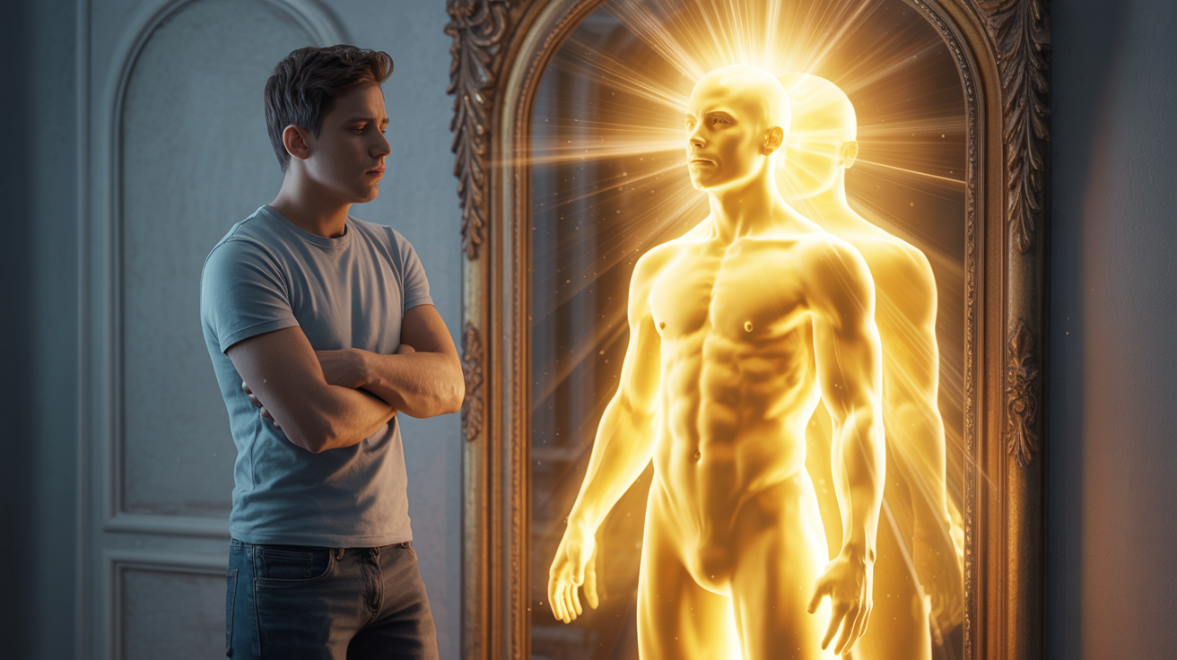Mladi muškarac trideseth godina gleda u ogledalo — odraz pokazuje svetleću duhovnu figuru, ali sam čovek je u običnoj odeći i deluje nezadovoljno. Kundalini buđenje i ego — čovek gleda u svoje više ja u ogledalu tokom duhovne transformacije