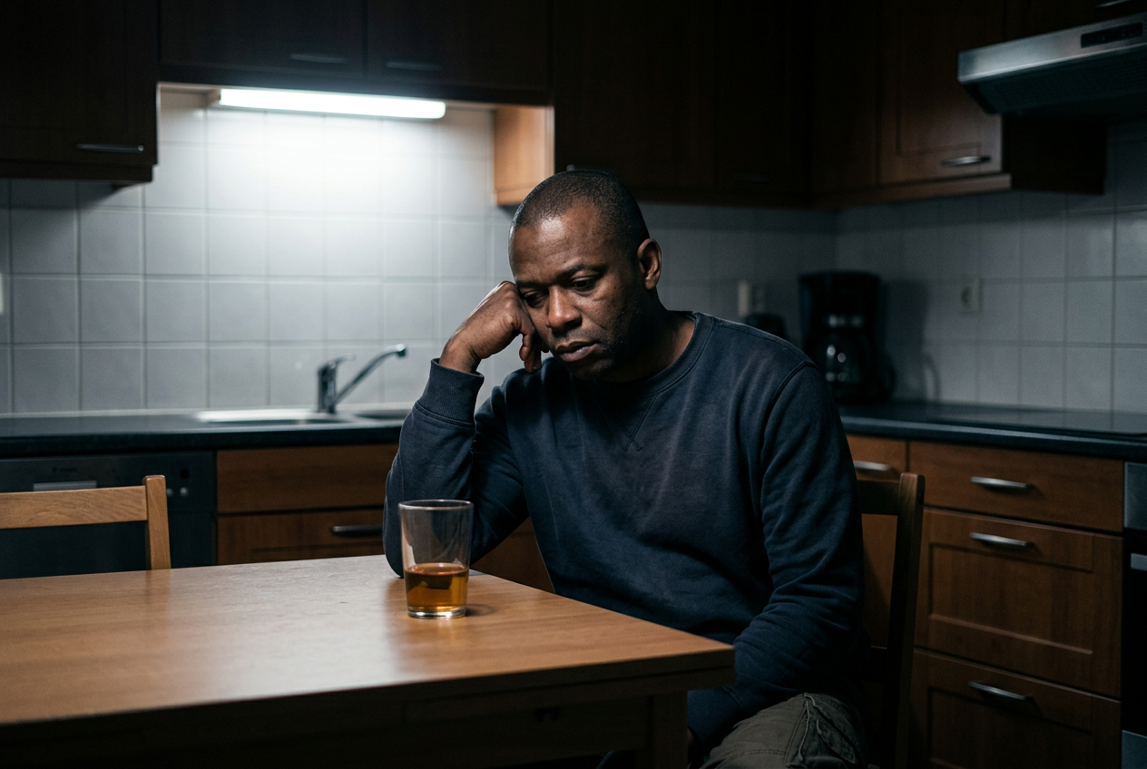 A man sitting alone at a kitchen table late at night with a single clear glass, looking somber and isolated