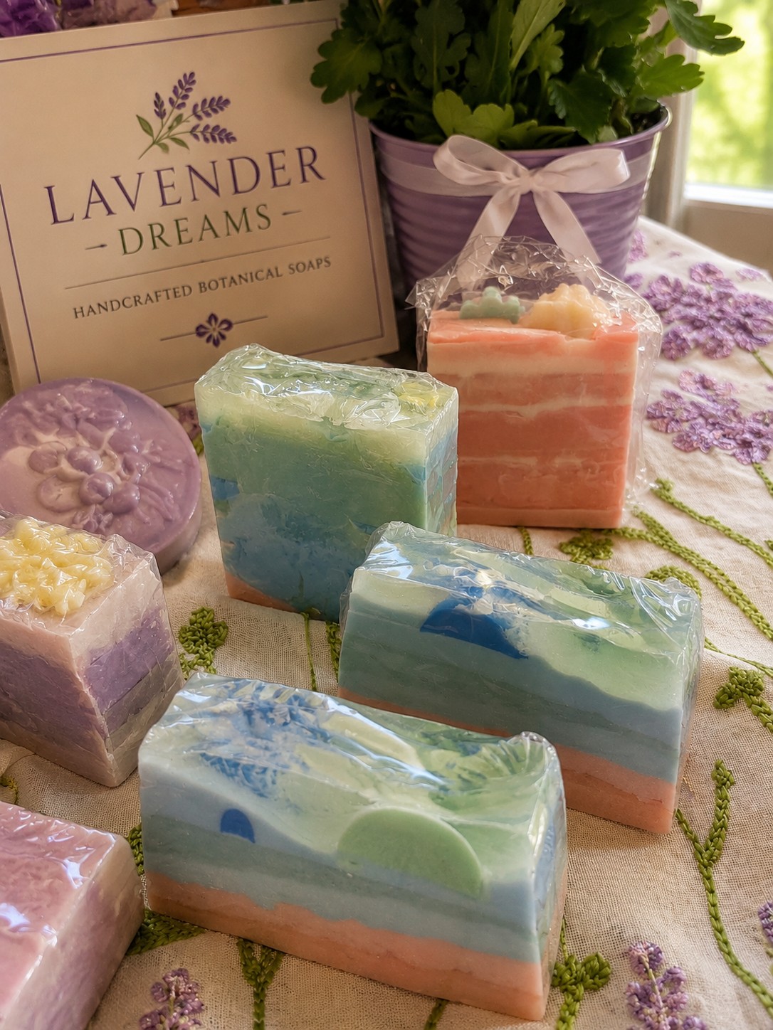 Handcrafted Lavender Hazy botanical soaps in pastel colors