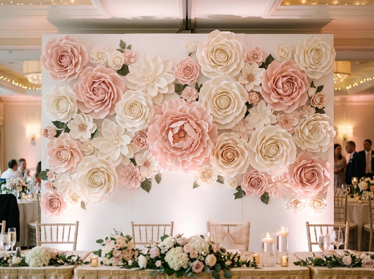 Giant EVA foam flower wall backdrop in blush and white at wedding reception