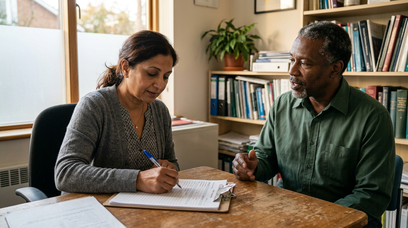 Private doctor at her office desk filling out a medical questionnaire while a veteran sits across from her talking