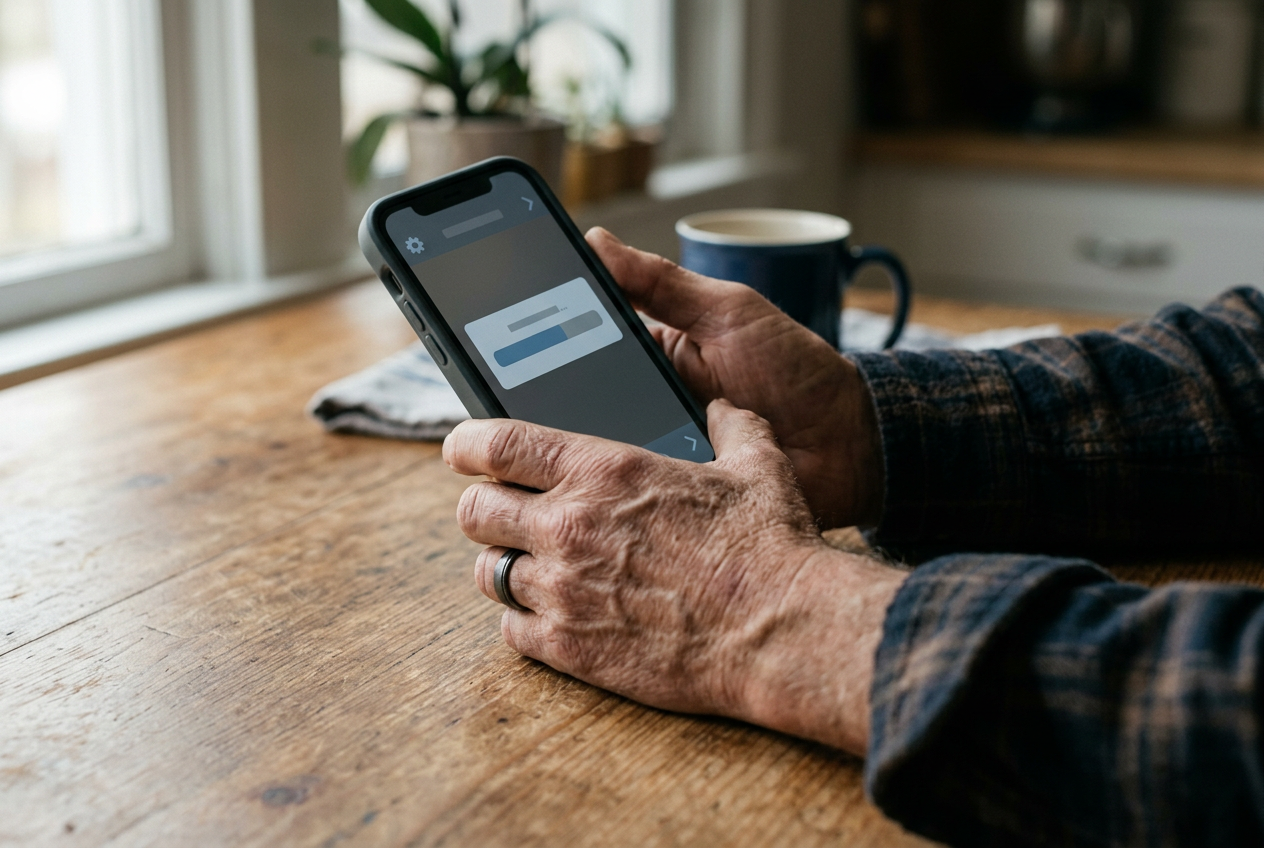 A veteran tracking his own VA claim status on a smartphone app at a kitchen table