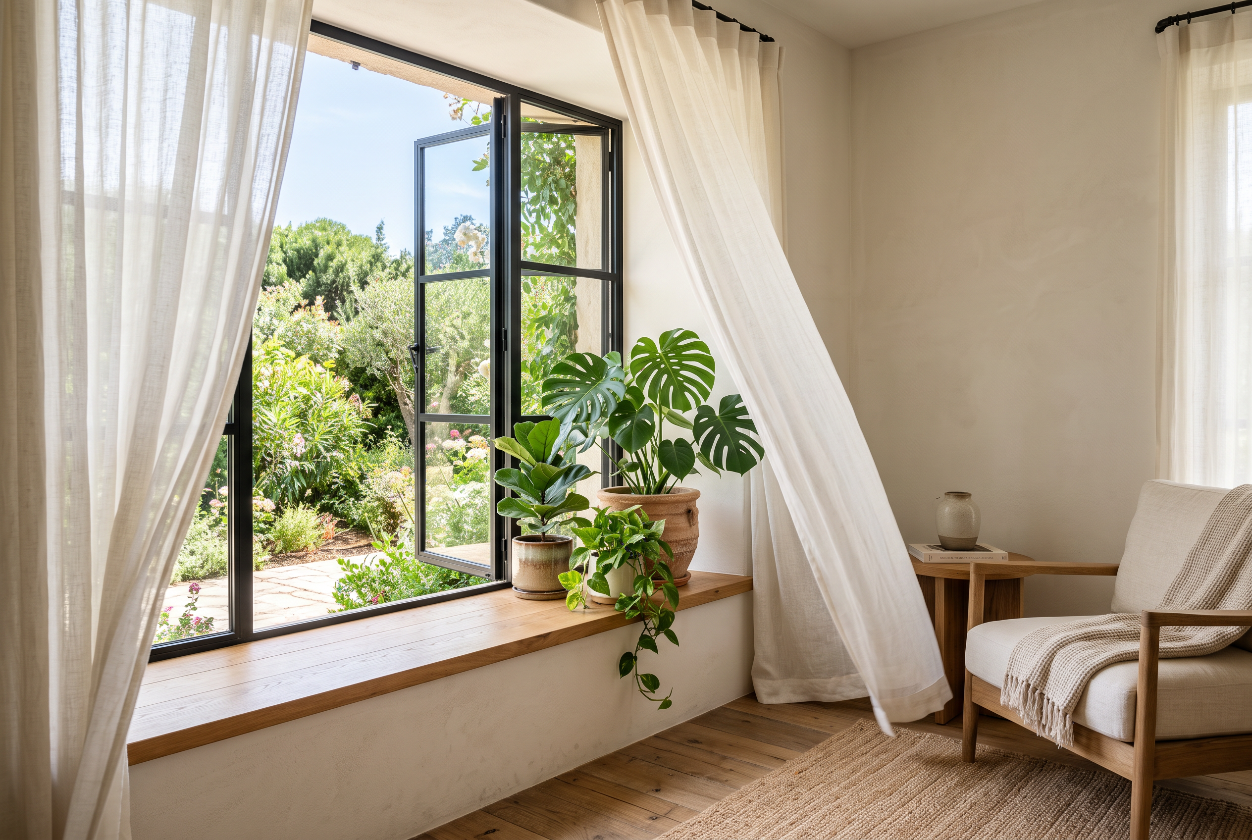 Open window with sheer curtains billowing beside lush indoor plants in soft daylight