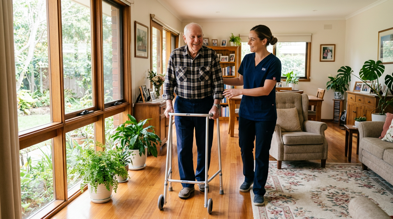 Nurse supporting a happy elderly man using a walking frame at home