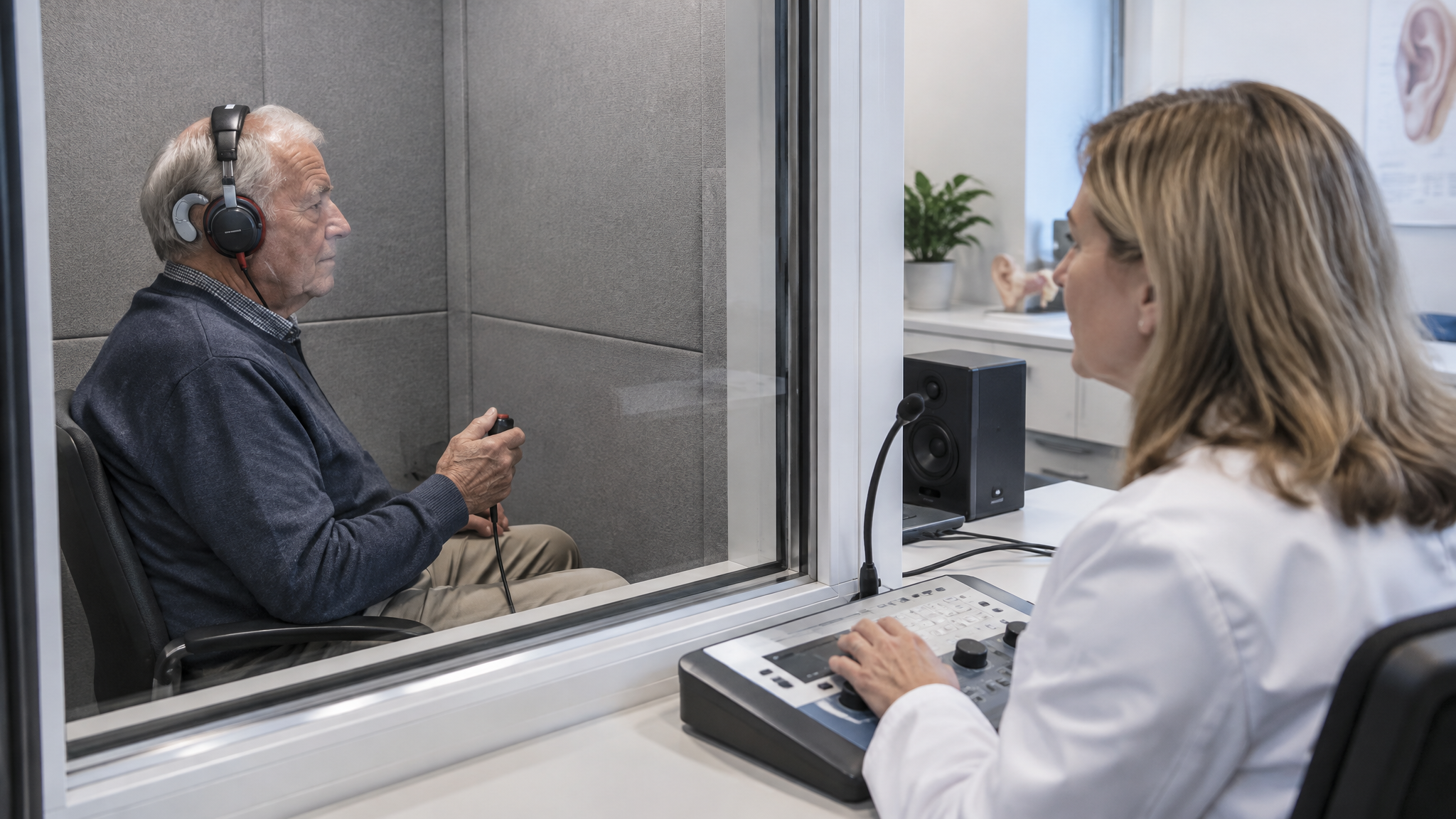 An older veteran in an audiology booth taking a hearing test while the audiologist watches