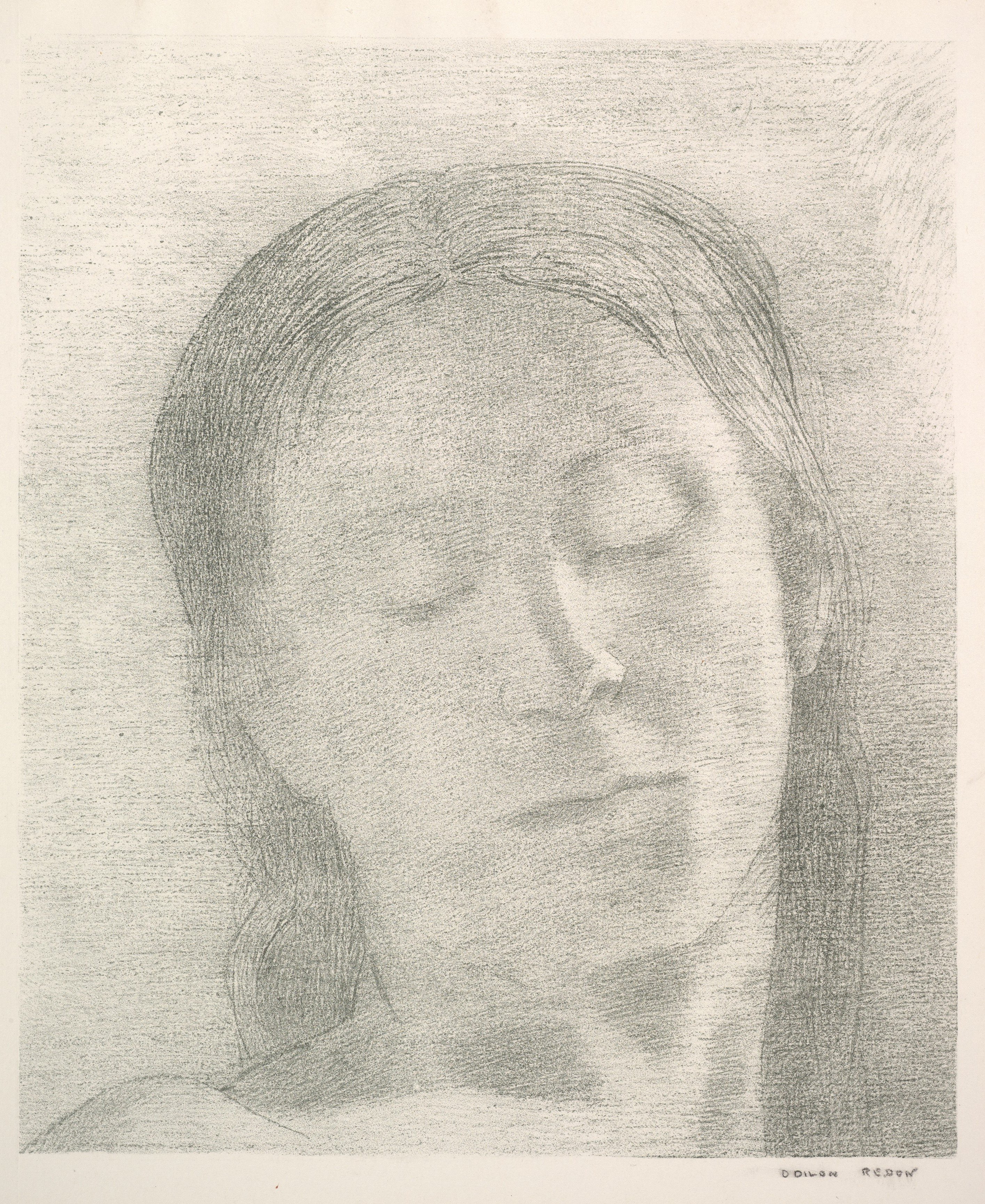Odilon Redon, Closed Eyes, 1890: a serene face with closed eyes rising above a horizon