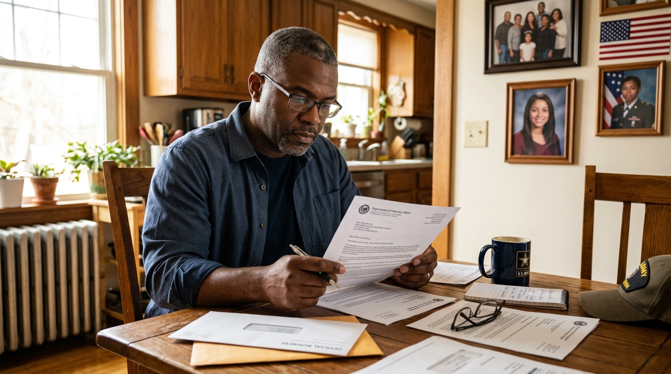 Black male Army veteran in his 40s reviewing a VA decision letter at a kitchen table