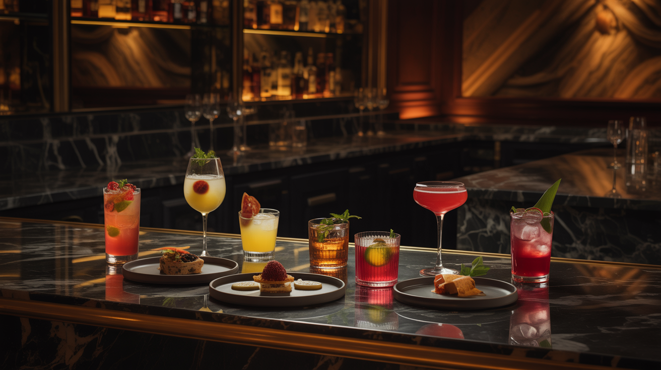 Craft cocktails in a moody bar setting for the Cocktail Generator GPT