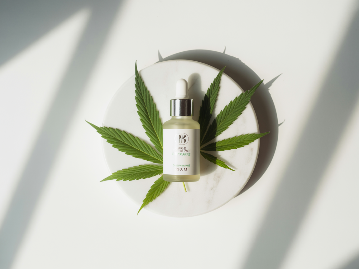 CBD serum bottle with fresh hemp leaves on white marble surface