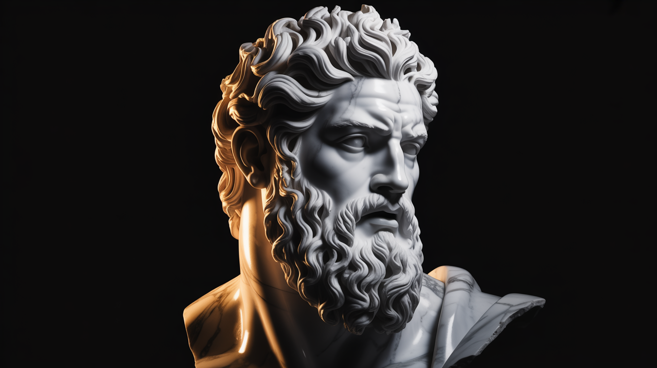 Classical marble sculpture illuminated with dramatic cinematic lighting — an emblem of authority and permanence