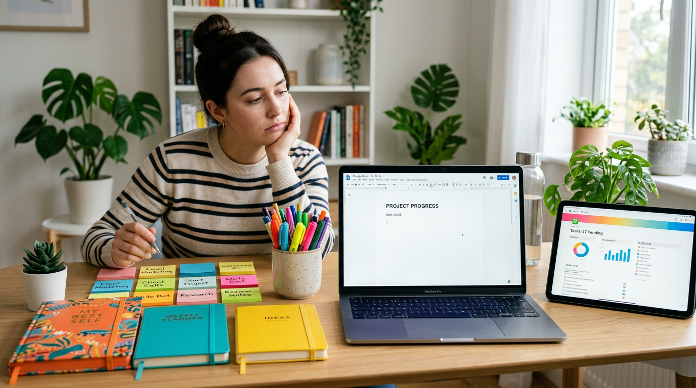 Mesa perfeitamente organizada com planners coloridos e apps de produtividade, contrastando com zero progresso real