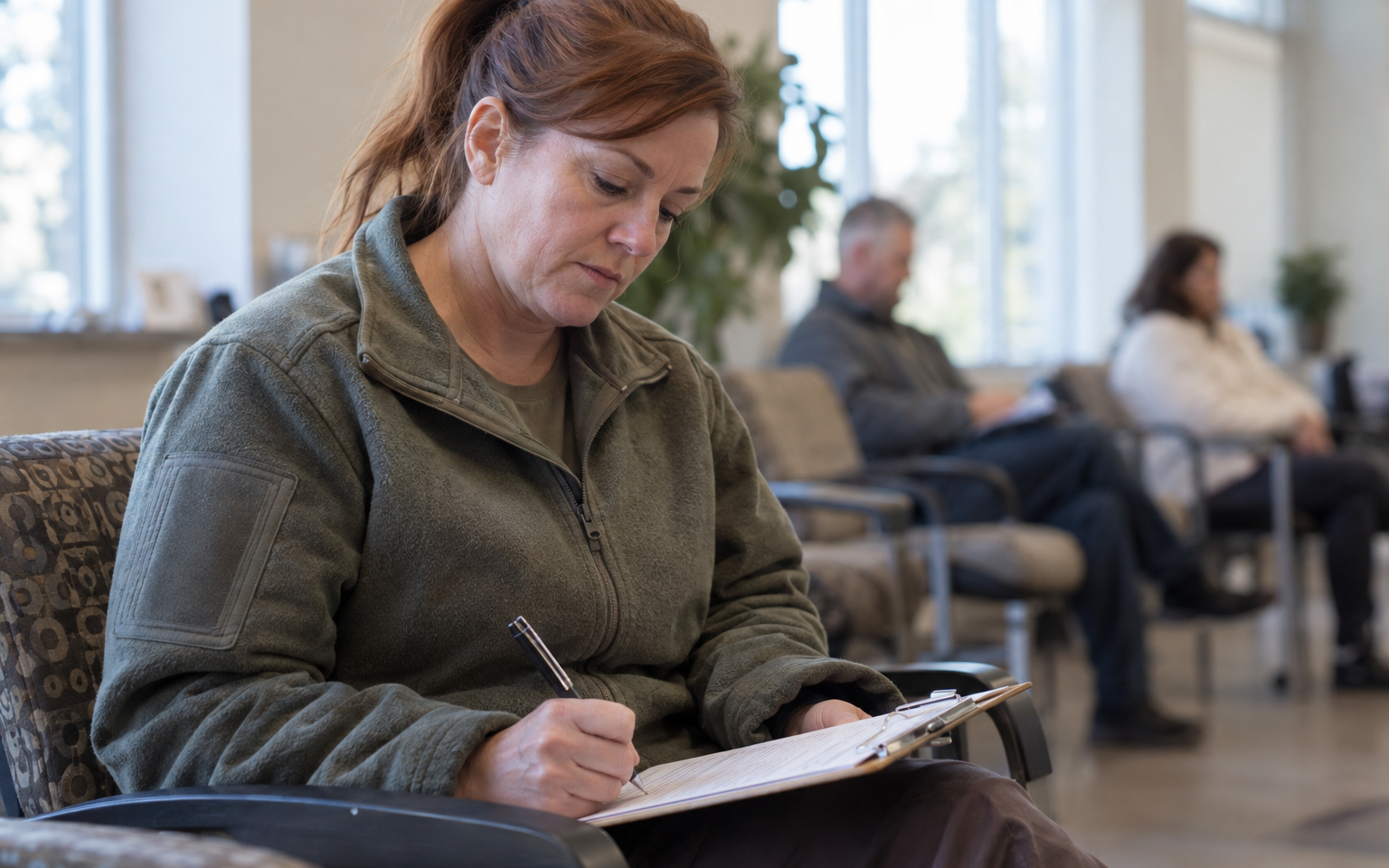 A woman veteran filling out paperwork on a clipboard in a clinic waiting room