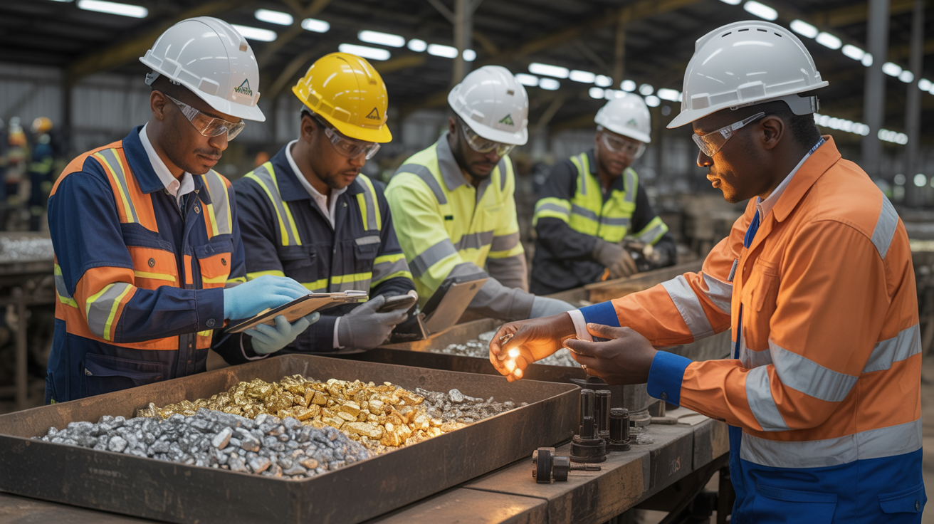 Mining supervisors inspecting mineral ore samples for quality and production verification