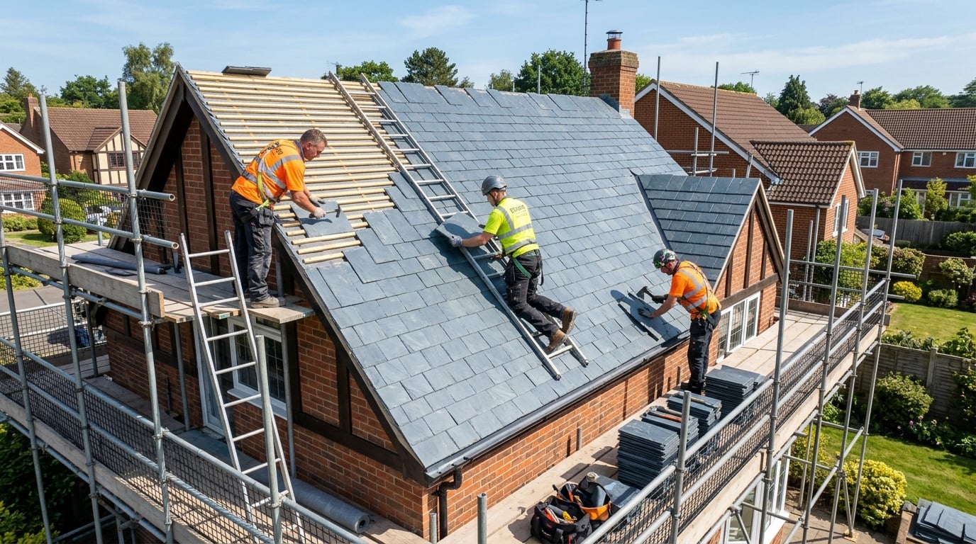 Professional roofing team installing slate tiles on a UK residential home
