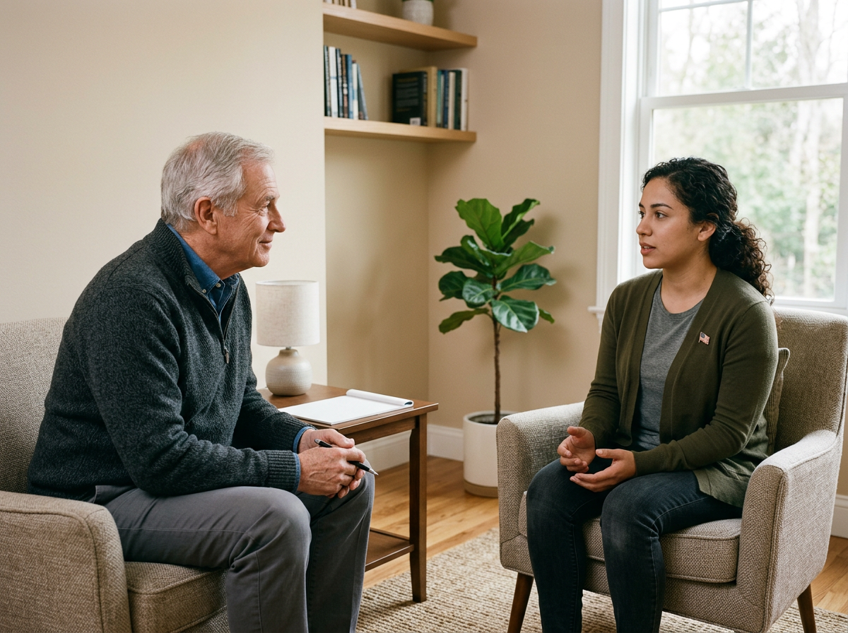 An older white male mental health clinician seated across from a young Hispanic woman veteran in a calm therapy session, listening attentively