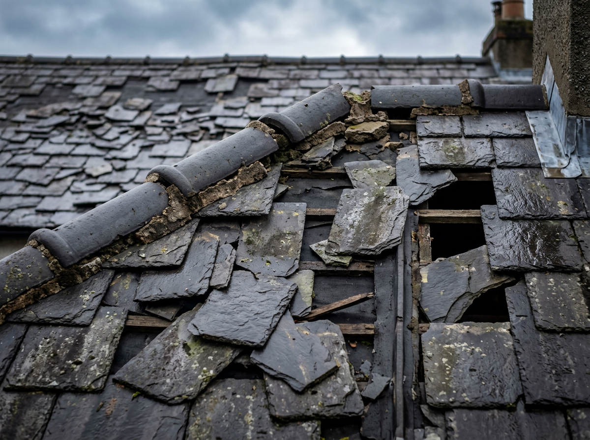 Slipped and broken slates needing roof repair