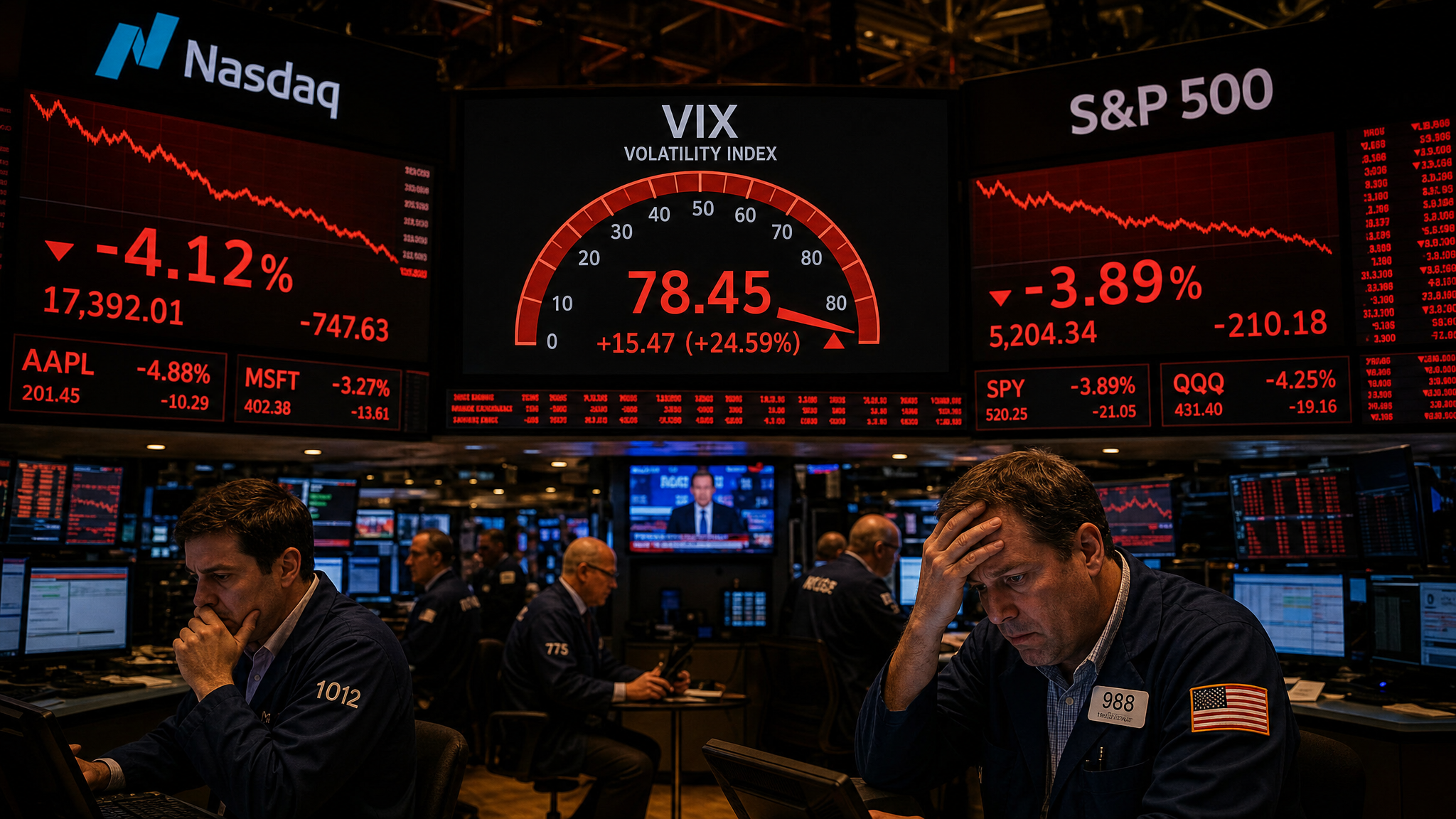 Nasdaq and S&P 500 trading screens showing sharp decline with VIX volatility gauge surging