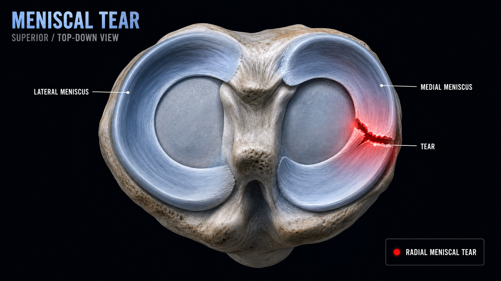 Top-down tibial plateau diagram showing the medial and lateral menisci with a meniscal tear