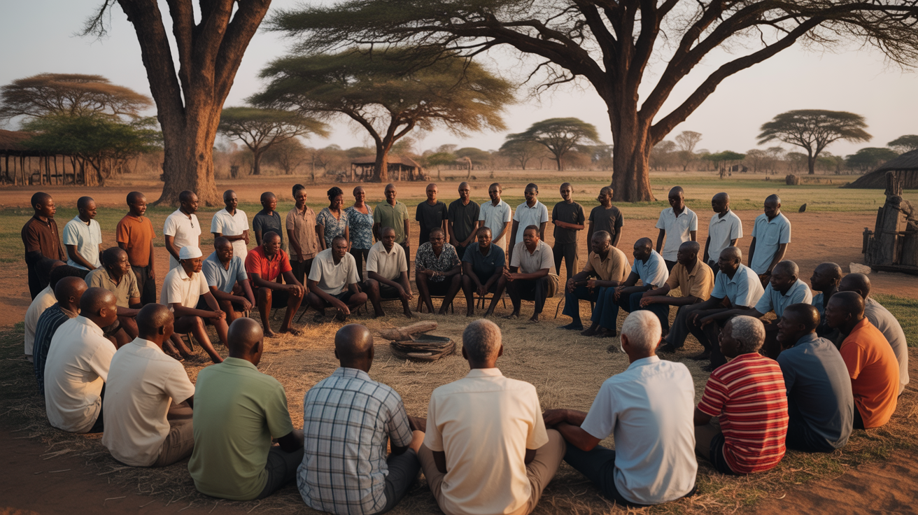 African community gathering for peaceful dialogue under trees