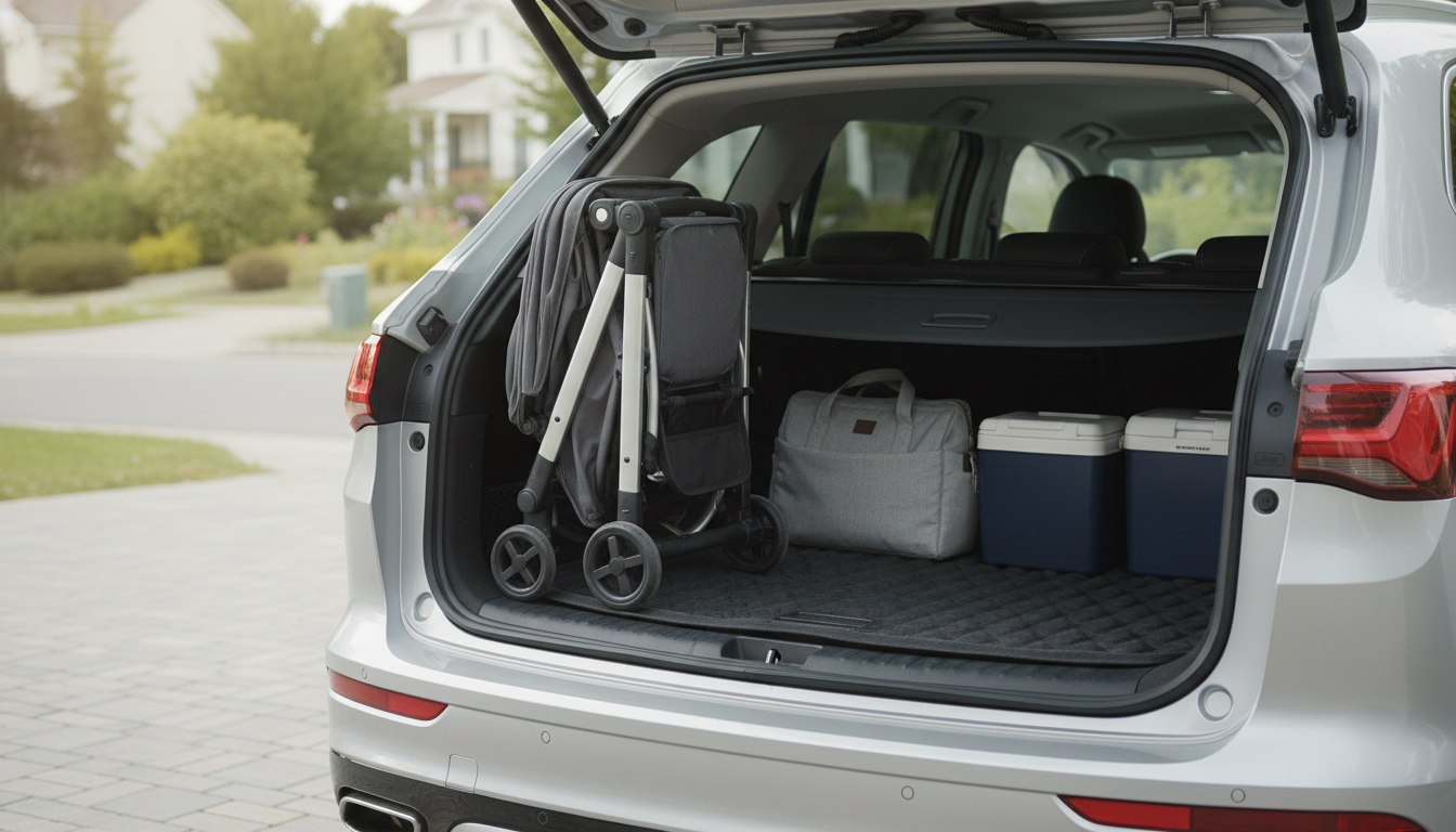 O Melhor Carrinho de Bebê: Guia Completo para Escolher com Amor e Segurança em 2025 3 Carrinho de bebê dobrado compacto ao lado de porta-malas