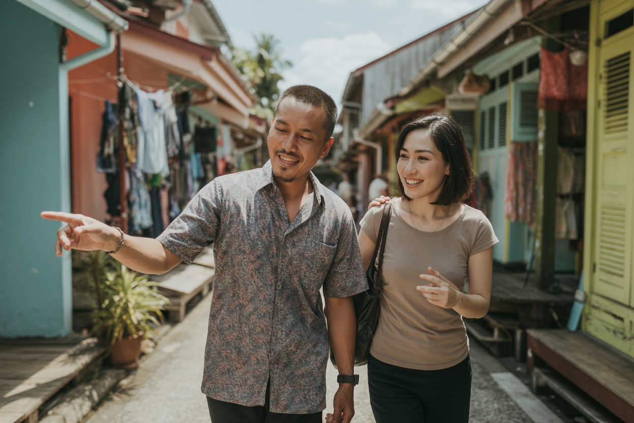 Local wayfinder guiding through Malaysian village