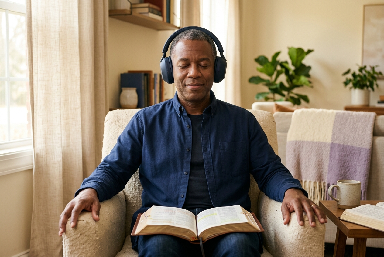 A middle-aged man listening calmly with headphones, eyes closed, an open Bible resting near him