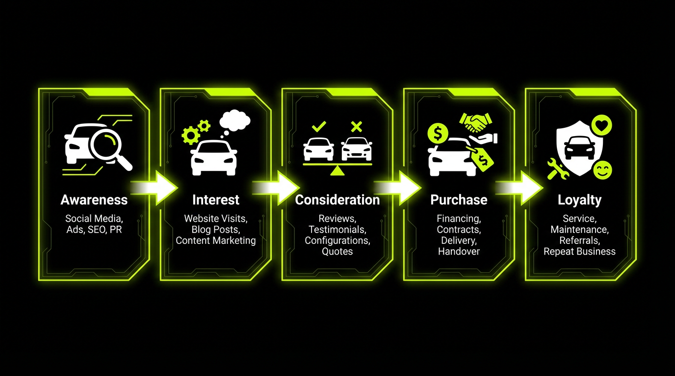 Car dealership marketing funnel showing awareness, interest, consideration, purchase, and loyalty stages